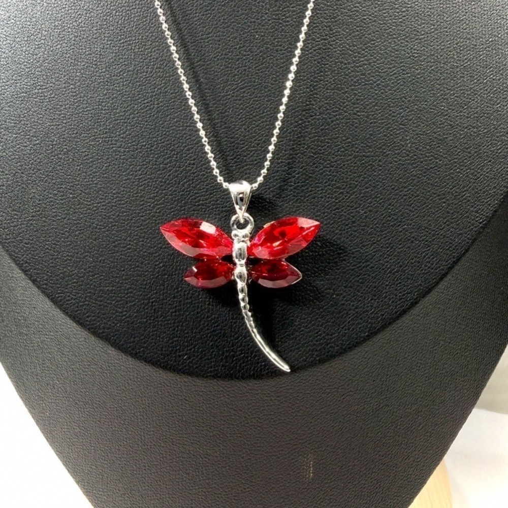 Red Dragonfly Necklace Silver Tone Ball Chain Lobster Claw Jewelry